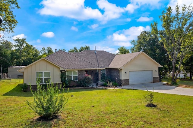 single story home with a garage and a front lawn