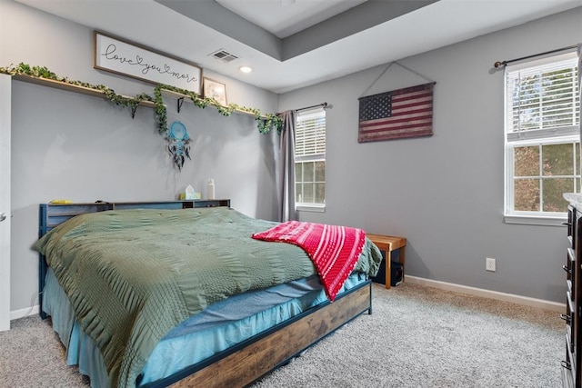 carpeted bedroom with a raised ceiling and multiple windows