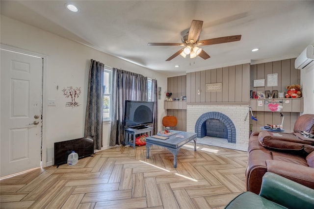 living room with ceiling fan, an AC wall unit, and light parquet floors