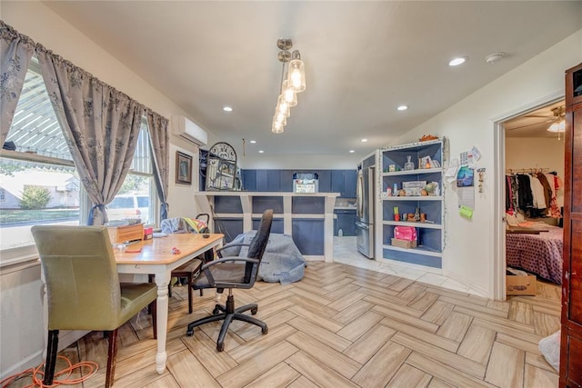 home office featuring light parquet flooring and a wall mounted AC