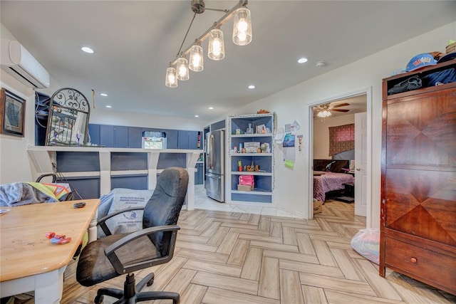 office area with a wall mounted AC, ceiling fan, and light parquet flooring