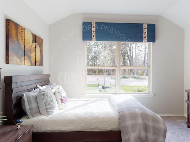 bedroom with carpet and lofted ceiling