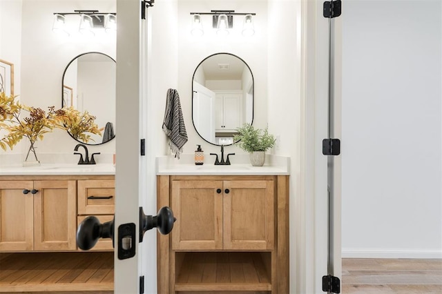 bathroom featuring two vanities, a sink, and wood finished floors