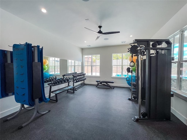 gym with a ceiling fan, recessed lighting, visible vents, and baseboards