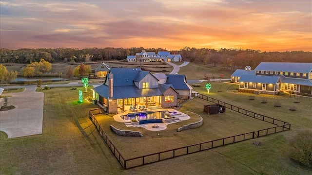 view of aerial view at dusk