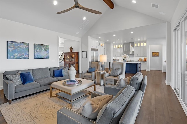 living room with beamed ceiling, ceiling fan, high vaulted ceiling, and light wood-type flooring