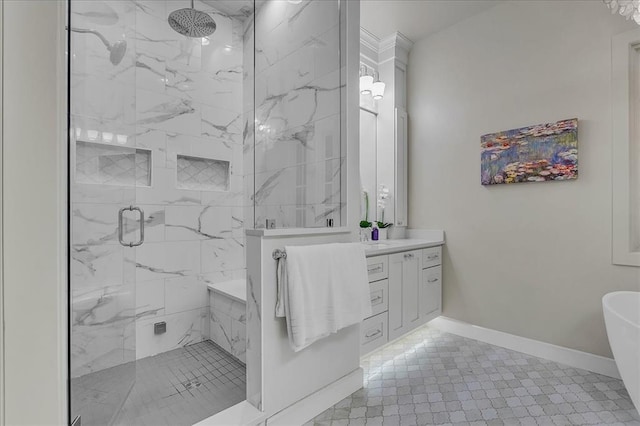 bathroom with vanity and a shower with door