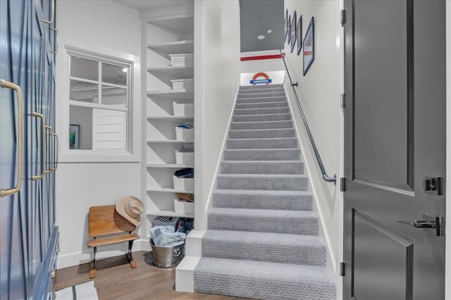 staircase with hardwood / wood-style flooring