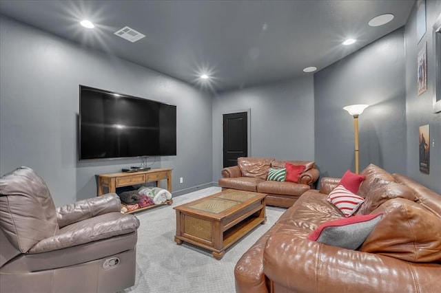 living room with light colored carpet