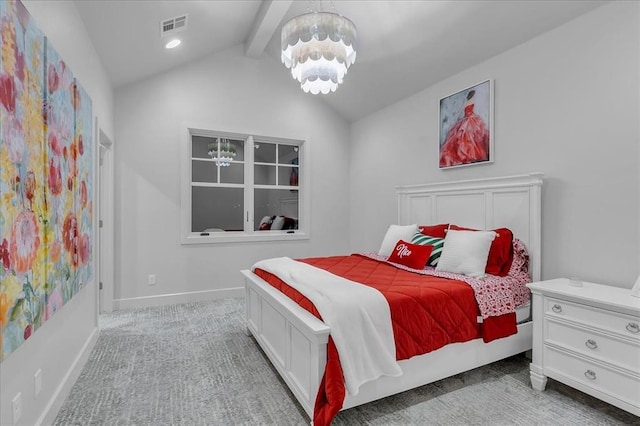 bedroom featuring vaulted ceiling with beams, a chandelier, and carpet flooring