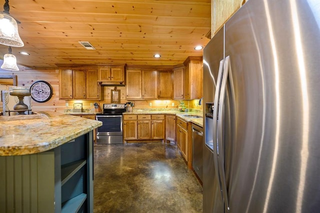 kitchen featuring light stone countertops, sink, wooden ceiling, hanging light fixtures, and appliances with stainless steel finishes