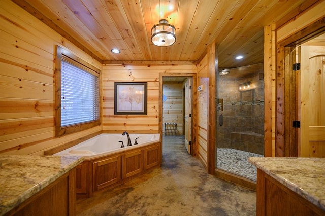 bathroom featuring vanity, wood walls, wood ceiling, and plus walk in shower