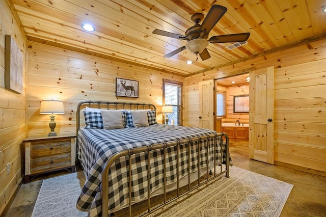 bedroom with wooden walls, ceiling fan, and wood ceiling