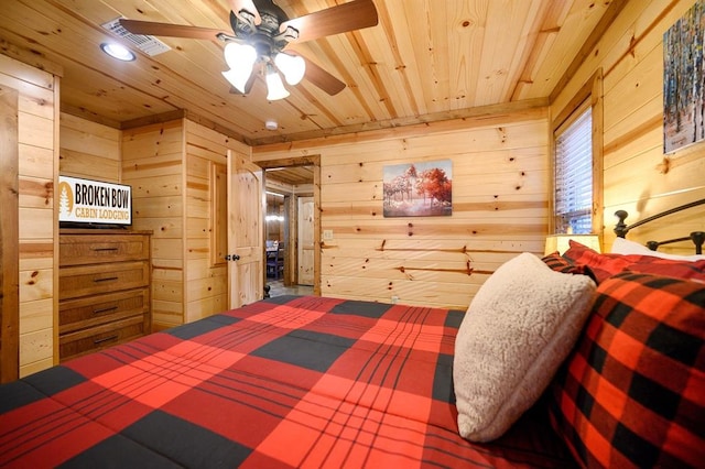 bedroom with ceiling fan, wooden ceiling, and wood walls