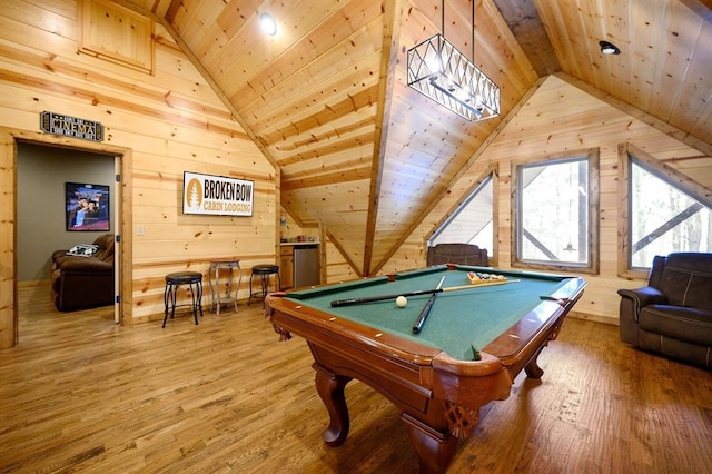 playroom with hardwood / wood-style flooring, wooden walls, wood ceiling, and billiards