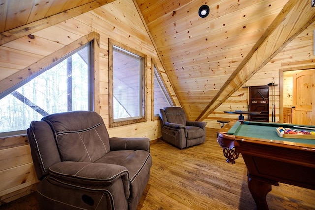 game room featuring wood walls, pool table, wooden ceiling, and wood-type flooring