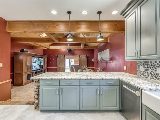 kitchen featuring beam ceiling, light stone countertops, stainless steel dishwasher, kitchen peninsula, and decorative light fixtures