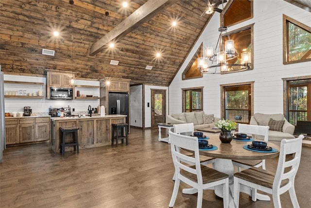 dining area with wood ceiling, ceiling fan, wooden walls, high vaulted ceiling, and dark hardwood / wood-style floors