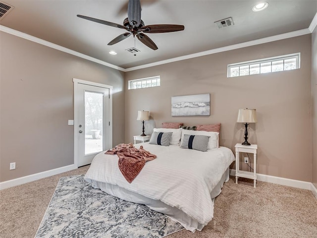 carpeted bedroom featuring multiple windows, access to exterior, ceiling fan, and ornamental molding