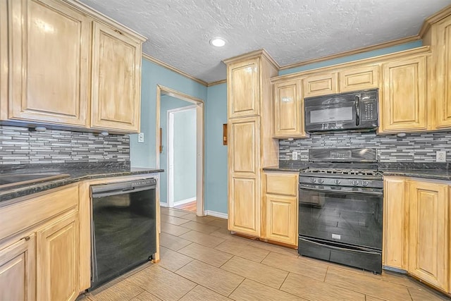 kitchen with black appliances, decorative backsplash, light brown cabinets, and crown molding