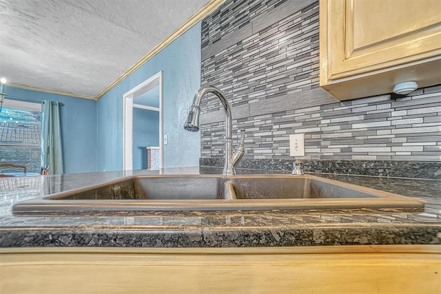 room details with decorative backsplash, crown molding, sink, and a textured ceiling