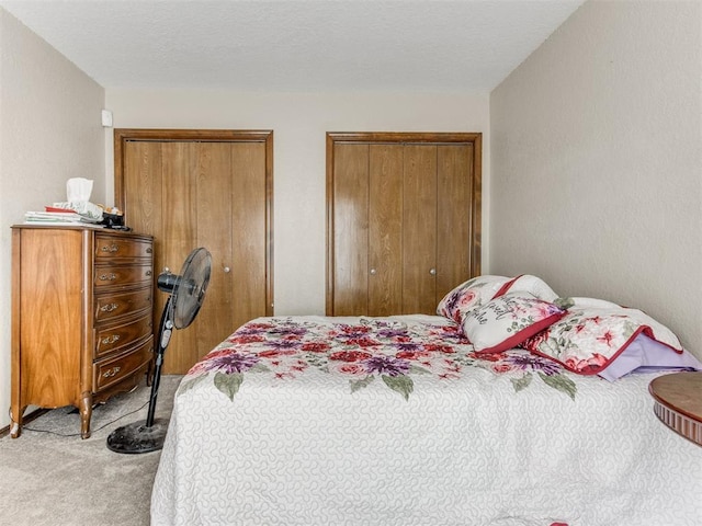 bedroom featuring multiple closets and light carpet