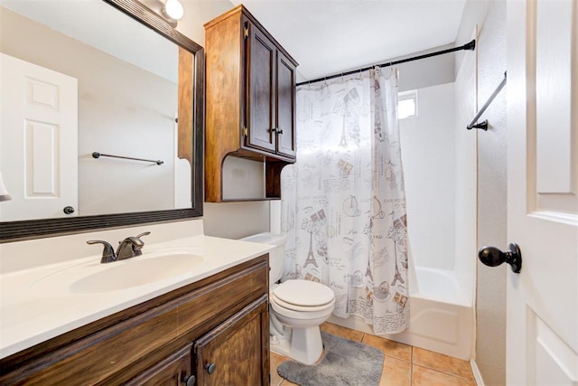 full bathroom with tile patterned flooring, vanity, toilet, and shower / bath combo with shower curtain