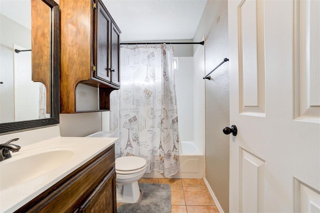 full bathroom with tile patterned floors, toilet, shower / tub combo, and vanity