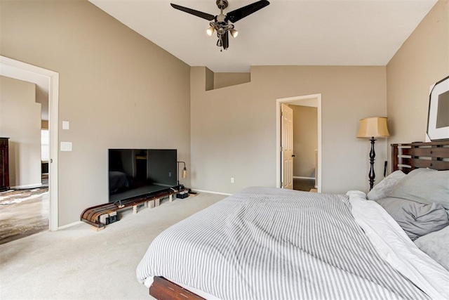 carpeted bedroom with lofted ceiling and ceiling fan