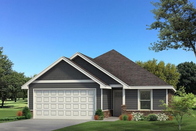 craftsman inspired home featuring concrete driveway, an attached garage, brick siding, and a front lawn