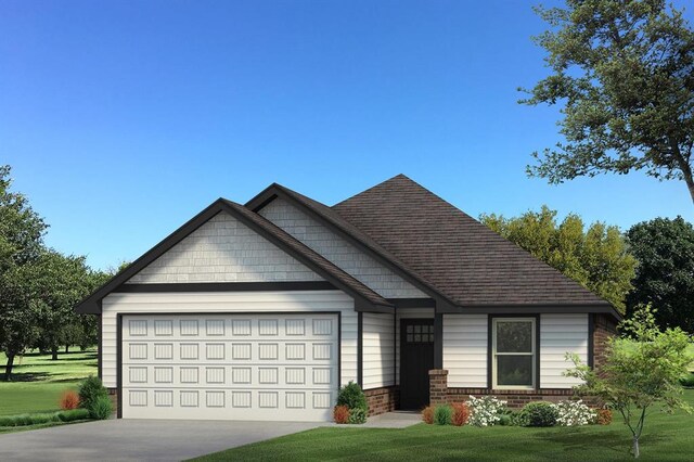 view of front facade with a front yard, brick siding, a garage, and driveway