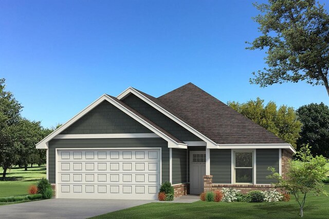 craftsman house featuring a front yard, brick siding, a garage, and driveway