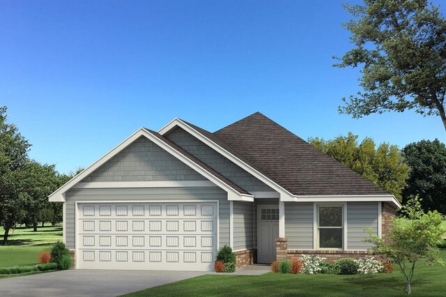 view of front of property with brick siding, an attached garage, concrete driveway, and a front lawn