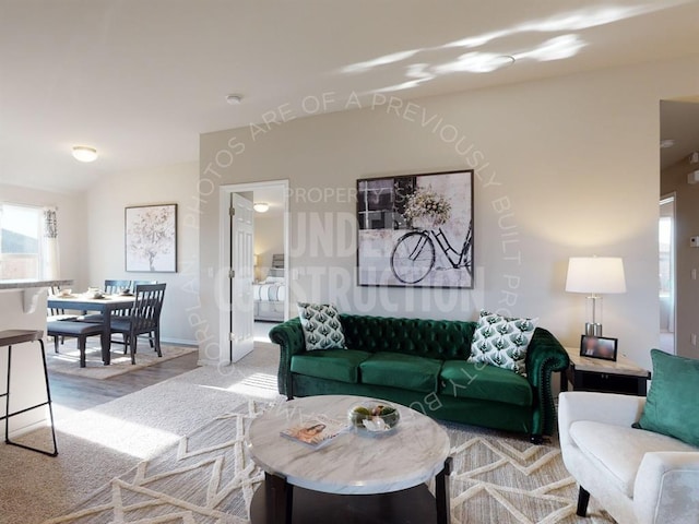 living room with wood-type flooring and vaulted ceiling