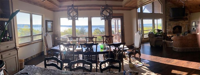 dining room with a healthy amount of sunlight, a stone fireplace, and dark wood-type flooring