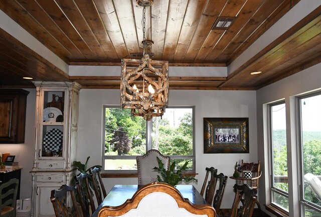 dining room with wooden ceiling and an inviting chandelier