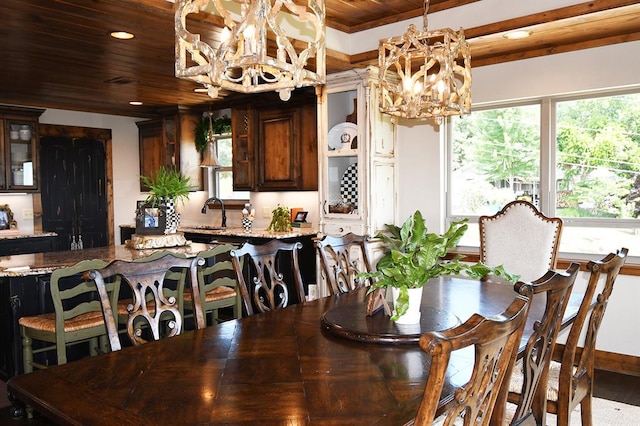 dining space featuring wood-type flooring, sink, an inviting chandelier, and wood ceiling