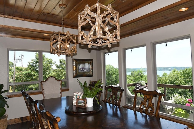 dining room with a notable chandelier, wood ceiling, and a wealth of natural light