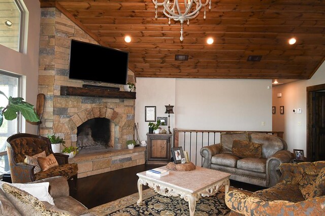 living room featuring a stone fireplace, wood-type flooring, high vaulted ceiling, and wooden ceiling