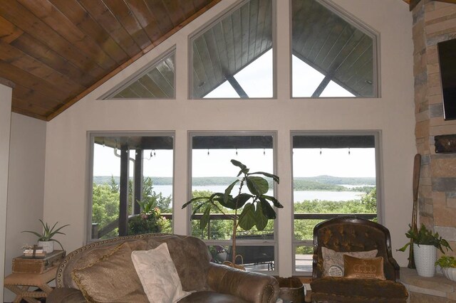 living room featuring wooden ceiling, a wealth of natural light, and vaulted ceiling