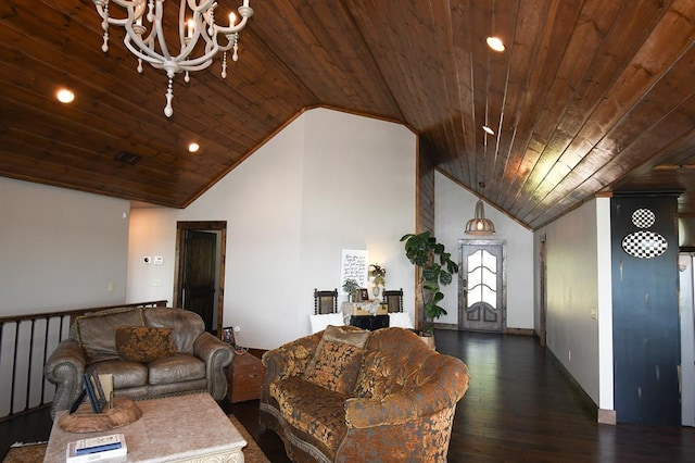 living room featuring a chandelier, dark hardwood / wood-style flooring, high vaulted ceiling, and wooden ceiling