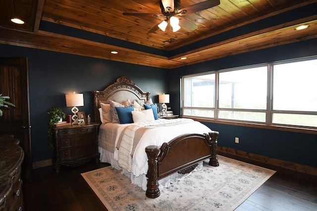 bedroom featuring a tray ceiling, ceiling fan, dark hardwood / wood-style flooring, and wooden ceiling