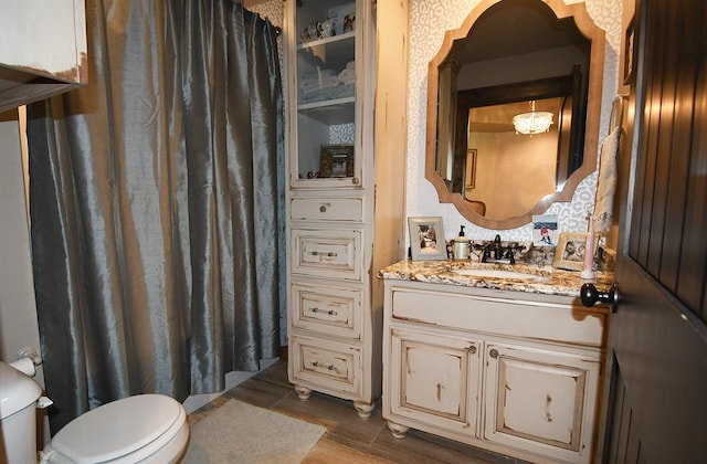 bathroom featuring vanity, toilet, and wood-type flooring