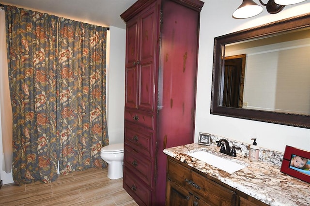 bathroom with hardwood / wood-style flooring, vanity, and toilet