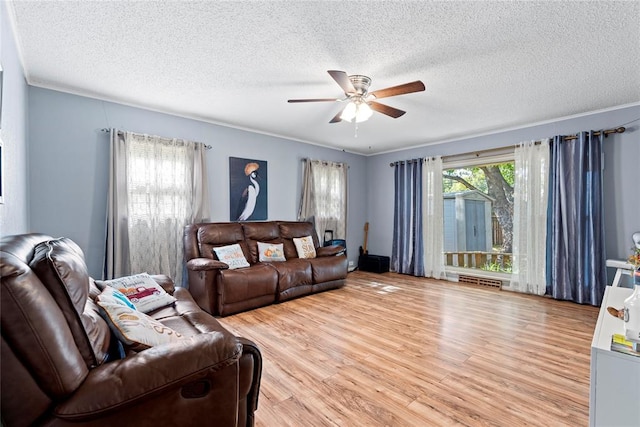 living room with light hardwood / wood-style flooring, a textured ceiling, and ornamental molding