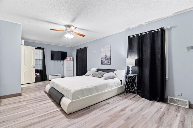 bedroom with ceiling fan, light hardwood / wood-style floors, and a textured ceiling