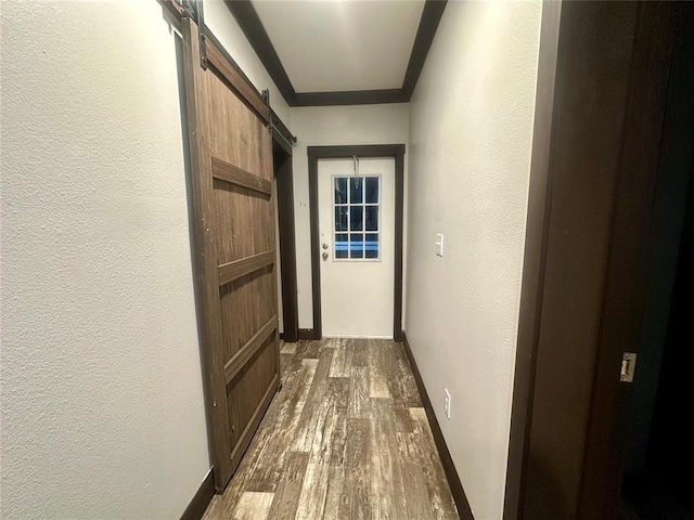 hallway with a barn door and dark hardwood / wood-style flooring