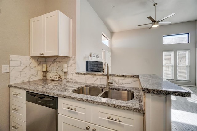 kitchen with white cabinetry, plenty of natural light, stainless steel dishwasher, and sink