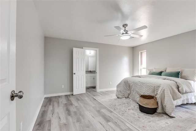 bedroom featuring ceiling fan, connected bathroom, and light hardwood / wood-style flooring