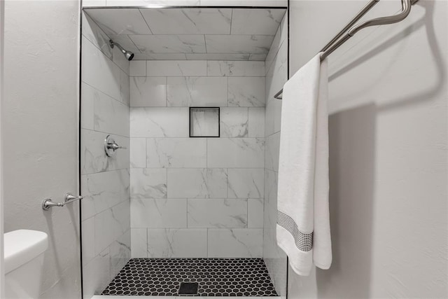 bathroom with a tile shower and toilet